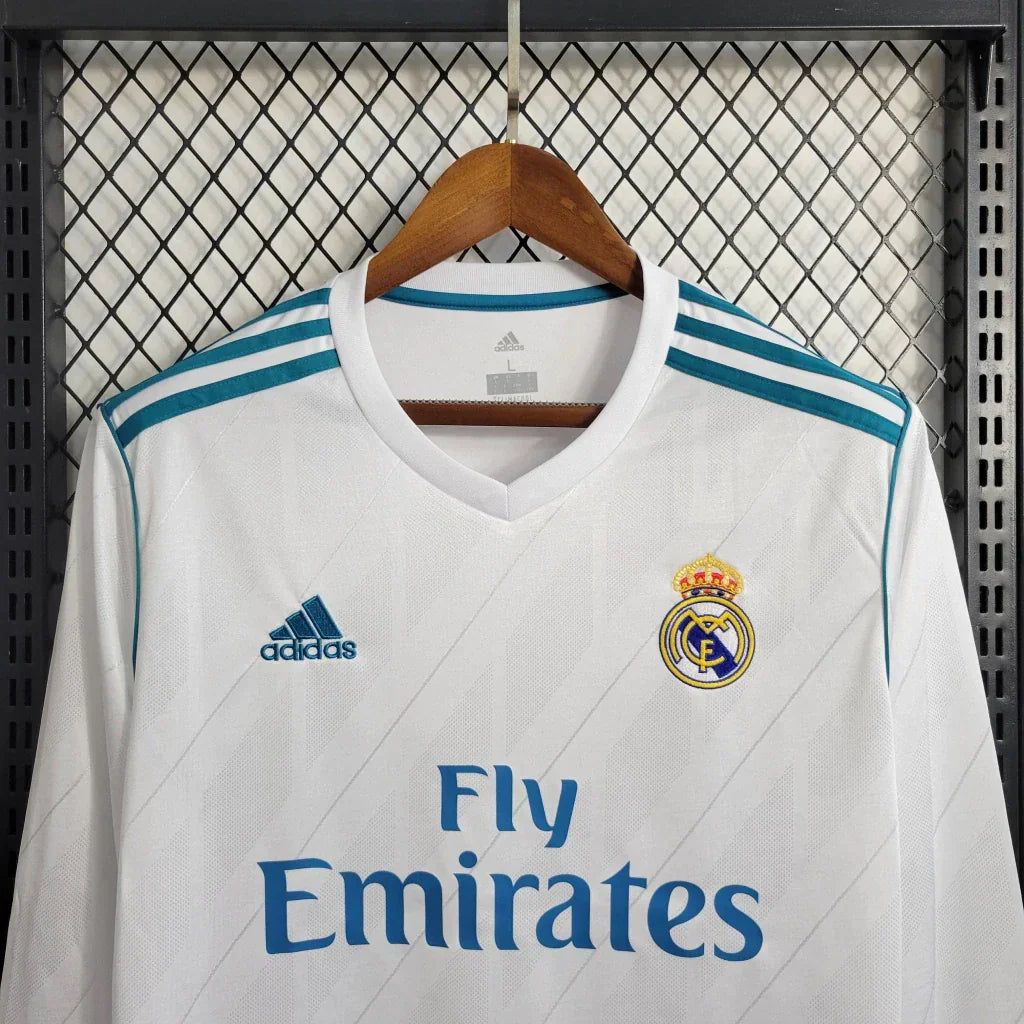 Camisa Retrô Real Madrid I Home 2017/18 Manga Longa Masculino Branco
