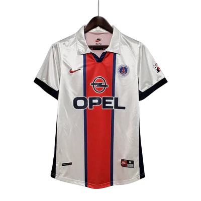 Camisa Paris Saint Germain PSG Retrô Away 98/99 - Retro Masculina - Branco, Azul e Vermelho