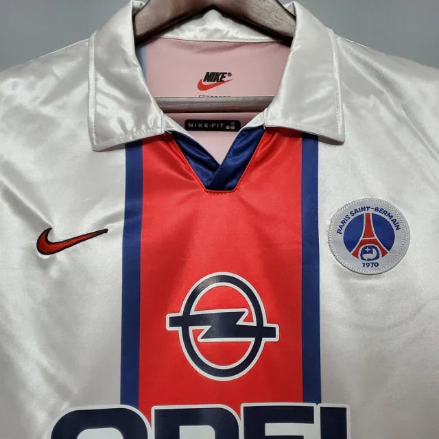 Camisa Paris Saint Germain PSG Retrô Away 98/99 - Retro Masculina - Branco, Azul e Vermelho