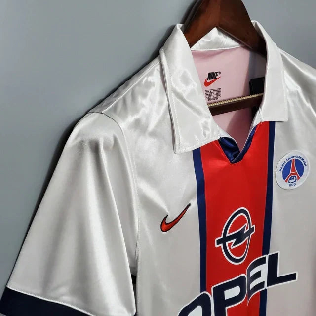 Camisa Paris Saint Germain PSG Retrô Away 98/99 - Retro Masculina - Branco, Azul e Vermelho