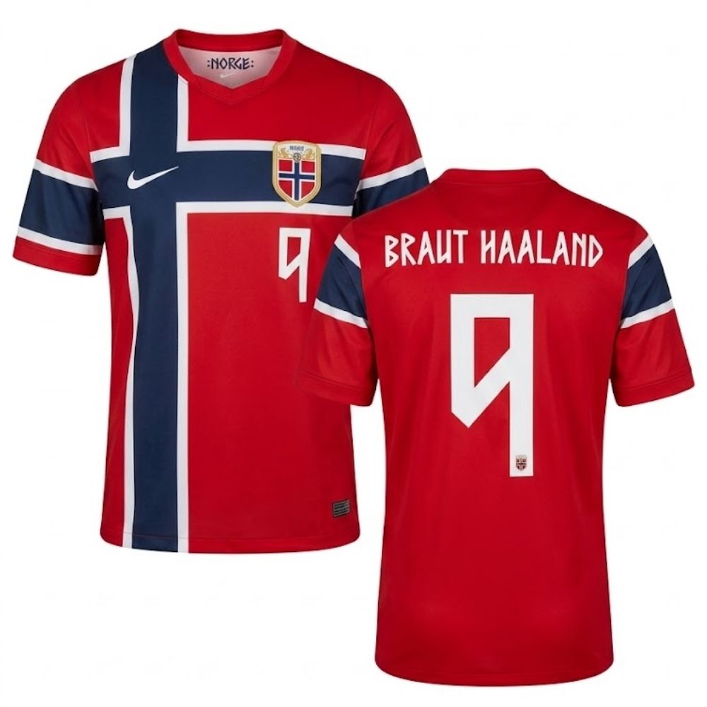 Camisa Torcedor Masculina Noruega I 2026 Copa do Mundo (Haaland 9) - 1