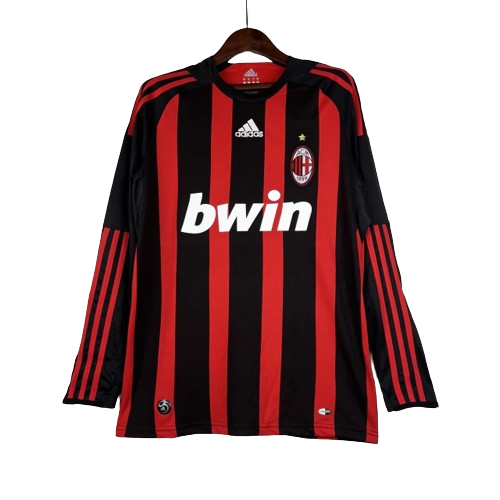 Camisa Retrô Milan I Home 2008/09 Manga Longa Vermelho e Preto